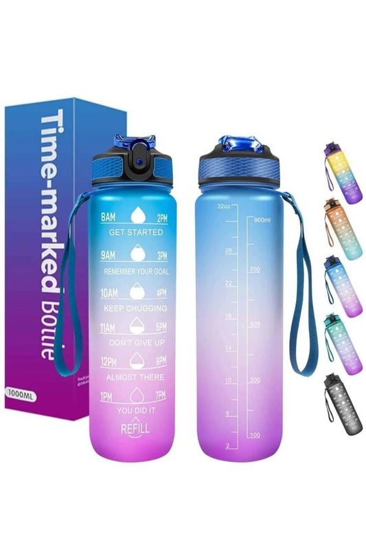 Modern Home 1000ml motivational water bottle with blue and purple gradient, time markers, and leak-proof flip-top lid.