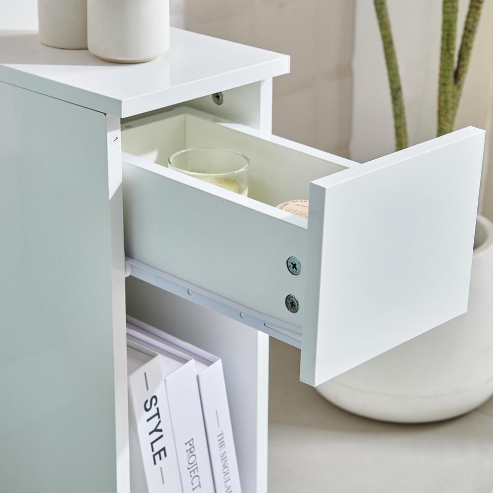 Modern Home white narrow bedside table with an open drawer and bottom shelf for compact storage in a modern room