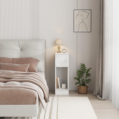 Modern Home narrow white bedside table with a drawer and open shelf in a minimalist bedroom setting.