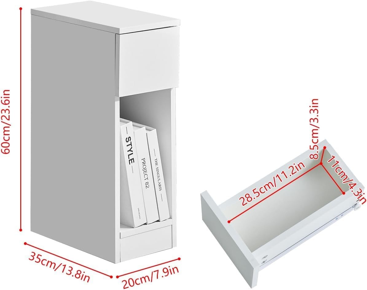 Modern Home white narrow bedside table with a drawer and open storage shelf, shown with dimensions for small spaces.
