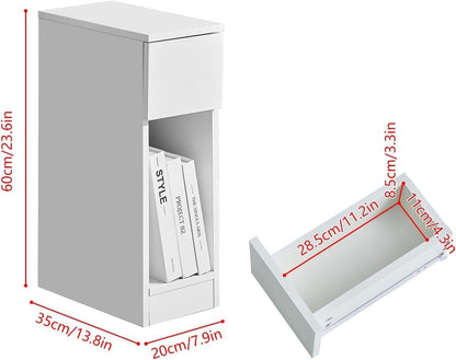 Modern Home white narrow bedside table with a drawer and open storage shelf, shown with dimensions for small spaces.
