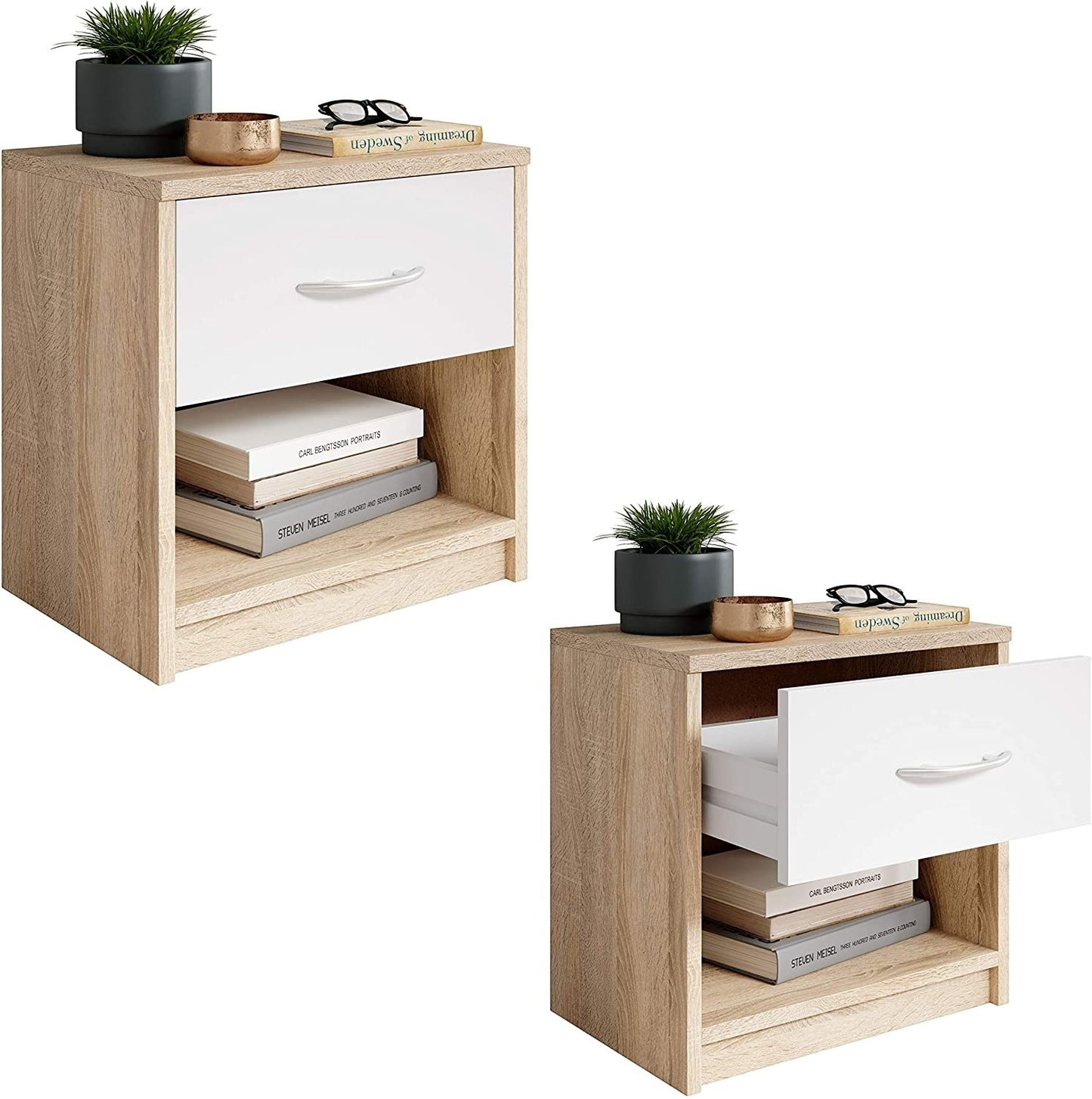 Modern Home bedside table in oak finish with a white drawer, aluminum handle, and open storage shelf.
