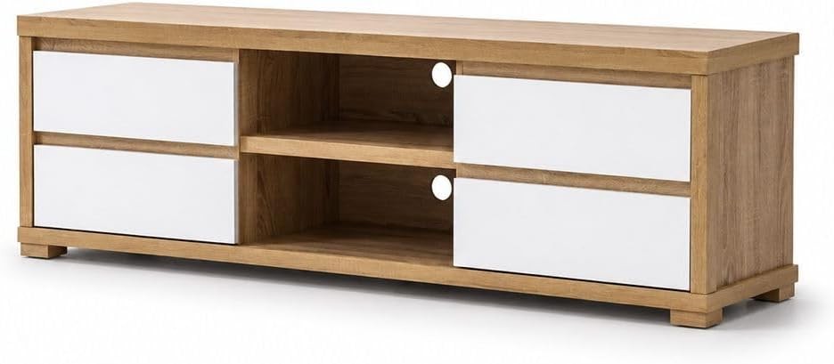 Modern Home Scandinavian media console in light oak wood finish with four white drawers and central open shelving.