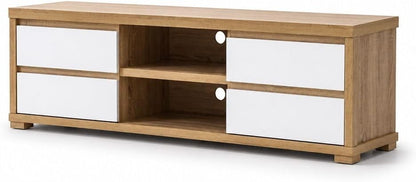 Modern Home Scandinavian media console in light oak wood finish with four white drawers and central open shelving.