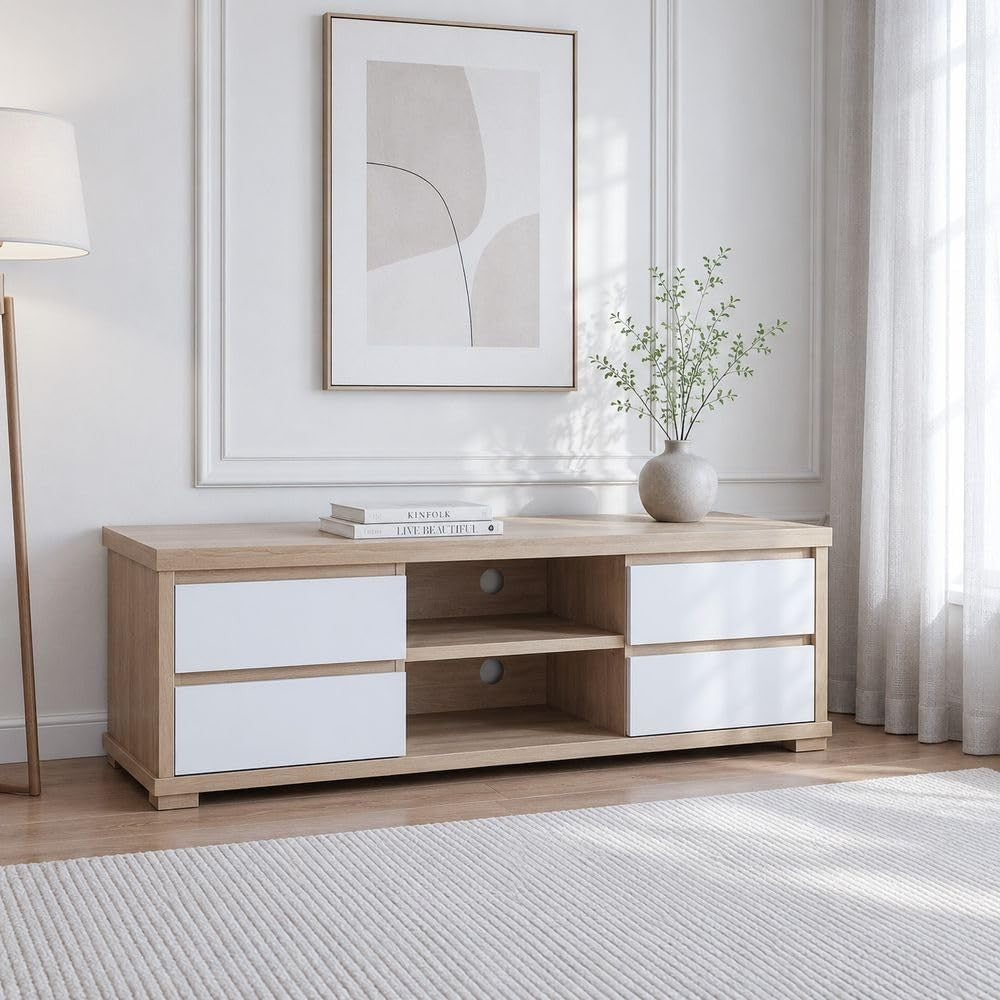 Modern Home Scandinavian media console in light oak wood with white drawers and open shelving in a bright living room.