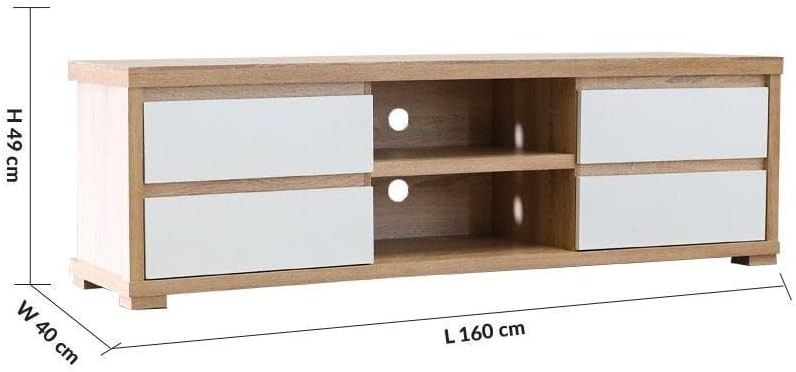 Modern Home Scandinavian media console in light oak with white drawers, open shelving, and cable management holes.