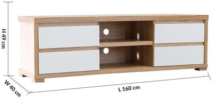 Modern Home Scandinavian media console in light oak with white drawers, open shelving, and cable management holes.