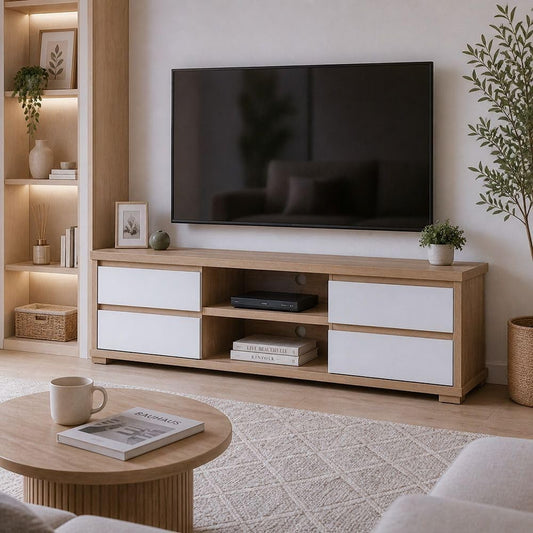 Modern Home Scandinavian media console in light oak with white drawers, open shelving, and cable management.