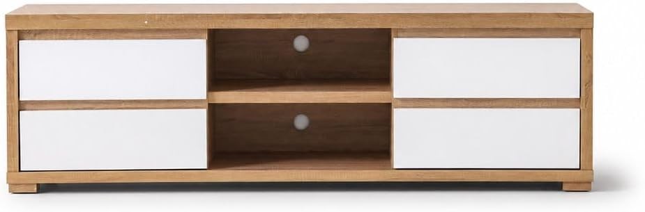 Modern Home Scandinavian media console in light oak wood finish with four white drawers and central open shelving.