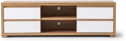 Modern Home Scandinavian media console in light oak wood finish with four white drawers and central open shelving.