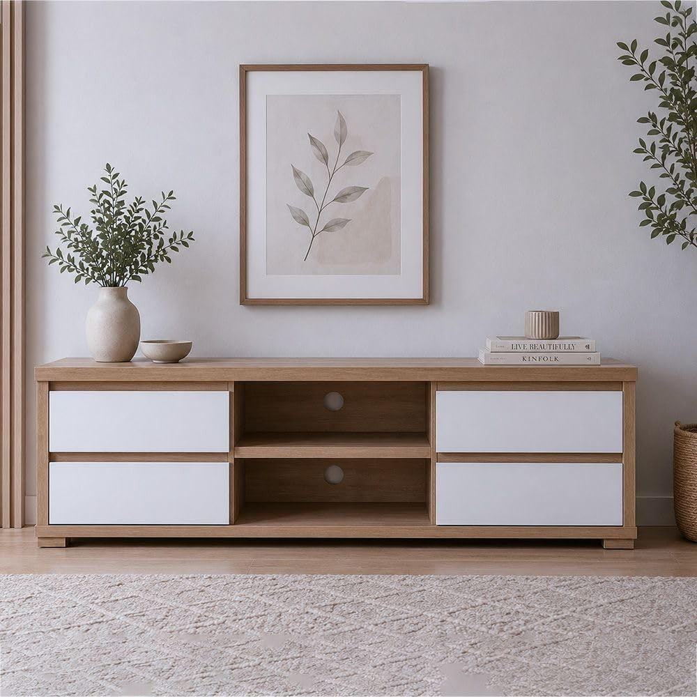 Modern Home Scandinavian media console in light oak wood with white drawers, open shelving, and cable management.