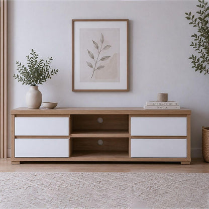 Modern Home Scandinavian media console in light oak wood with white drawers, open shelving, and cable management.