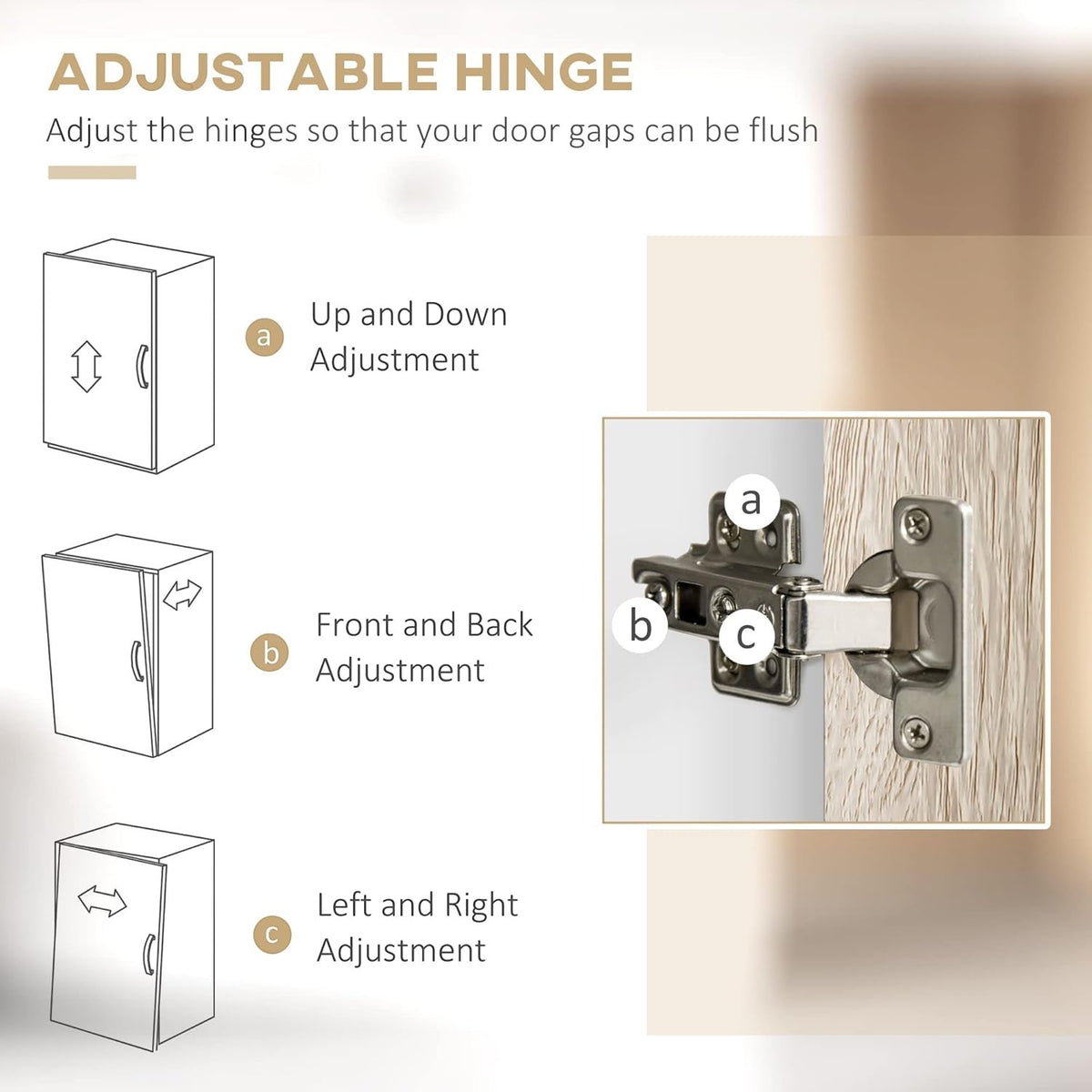 Modern Home kitchen pantry cabinet adjustable hinge diagram showing up, down, front, back, left, and right alignment