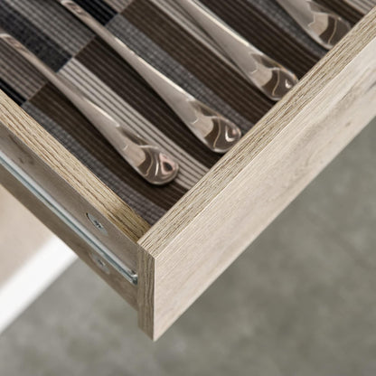 Modern Home kitchen pantry cabinet drawer with wood grain finish and organized silver cutlery inside