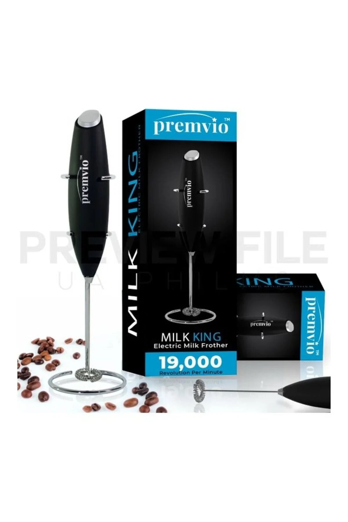 Modern Home Premvio Milk King handheld electric milk frother in black with stainless steel whisk and storage stand.