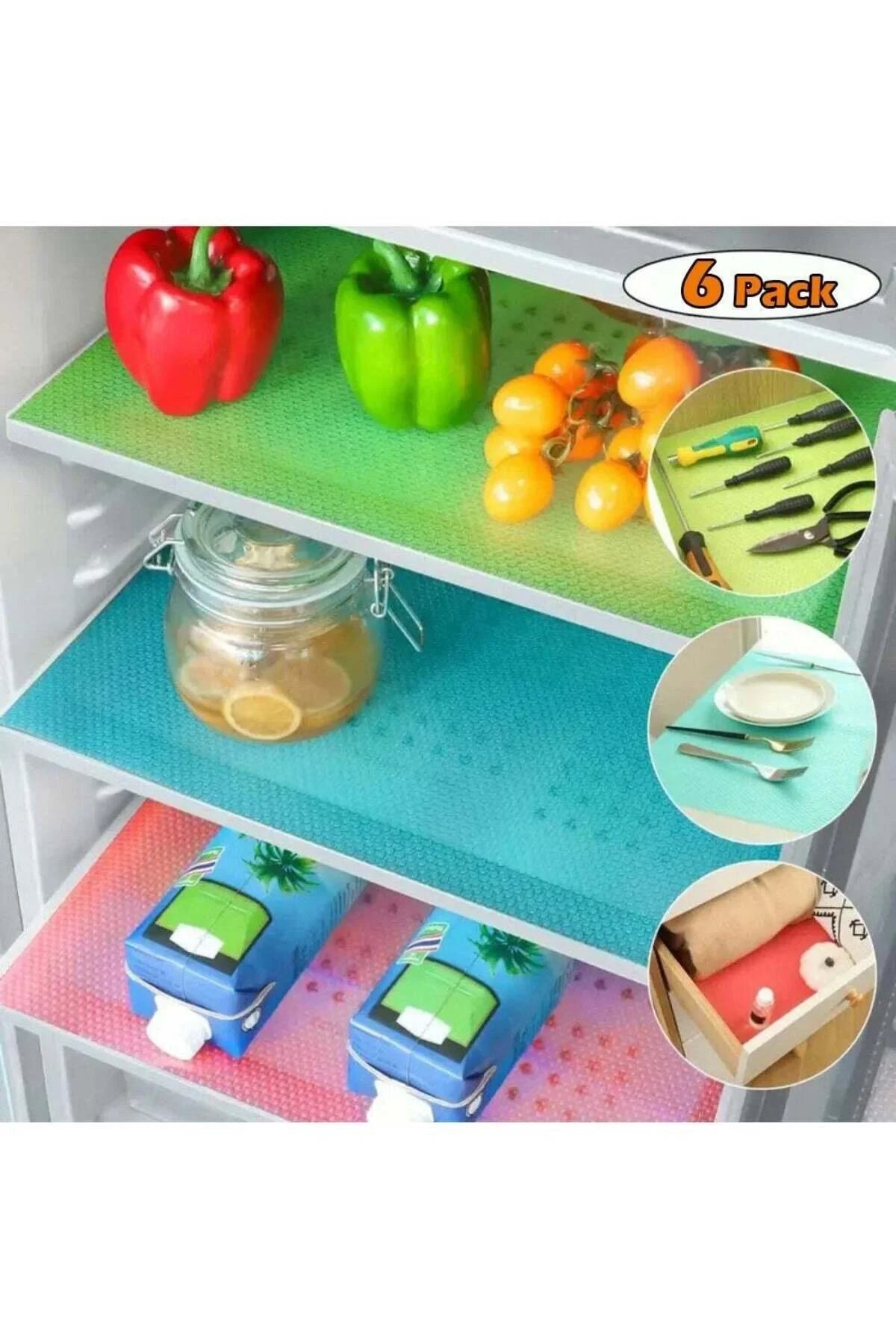 Modern Home 6-pack of colorful, textured, non-slip refrigerator shelf liner mats for kitchen organization.