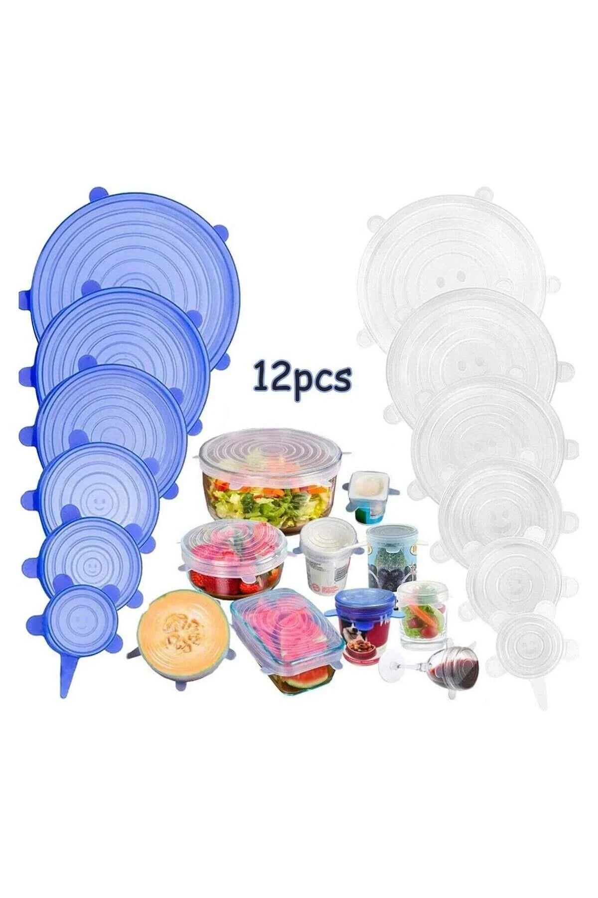Modern Home 12-piece set of blue and clear reusable silicone stretch lids for airtight food container storage.