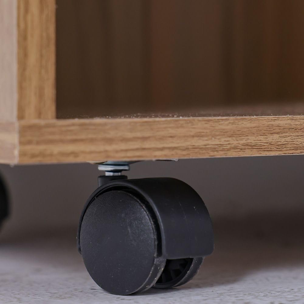 Modern Home rolling media console featuring a durable black caster wheel attached to a natural wood-grain storage unit.