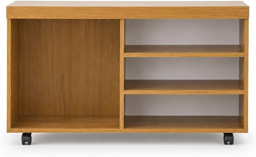 Modern Home rolling media console in natural wood grain finish with open shelving and smooth-rolling casters.