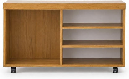 Modern Home rolling media console in natural wood grain finish with open shelving and smooth-rolling casters.