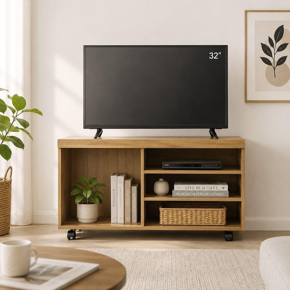 Modern Home rolling media console in natural wood finish with open shelving and a 32-inch television on top.