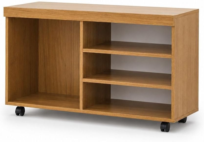 Modern Home rolling media console in natural wood finish with open shelving and smooth-rolling casters.
