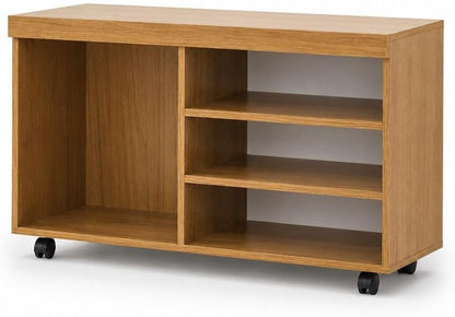 Modern Home rolling media console in natural wood finish with open shelving and smooth-rolling casters.