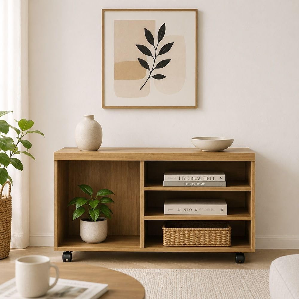 Modern Home rolling media console in natural wood finish with open shelving and smooth-rolling casters in a living room.