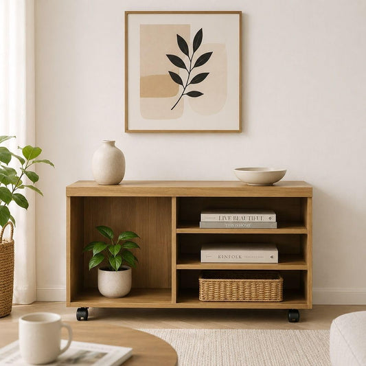 Modern Home rolling media console in natural wood finish with open shelving and smooth-rolling casters in a living room.