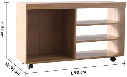 Modern Home rolling media console in natural wood finish with open shelving and smooth-rolling casters.