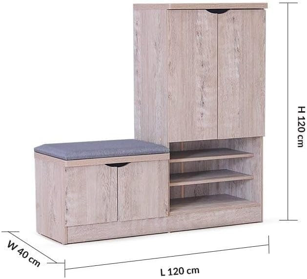 Modern Home entryway shoe storage bench with grey upholstered seat, light wood-grain finish, and tall cabinet storage.