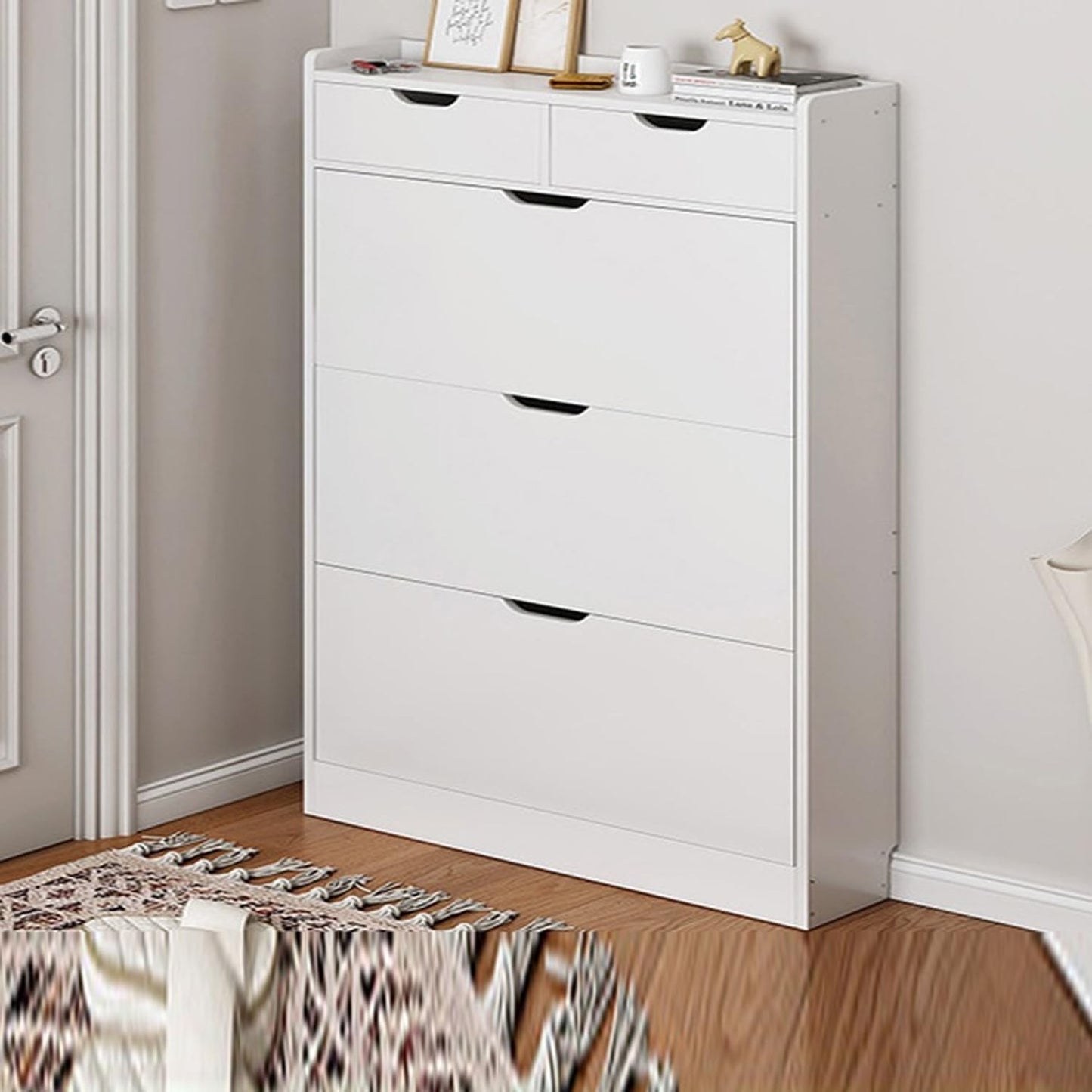 Modern Home white slim shoe cabinet with three tipping drawers and two top storage drawers for entryway organization.