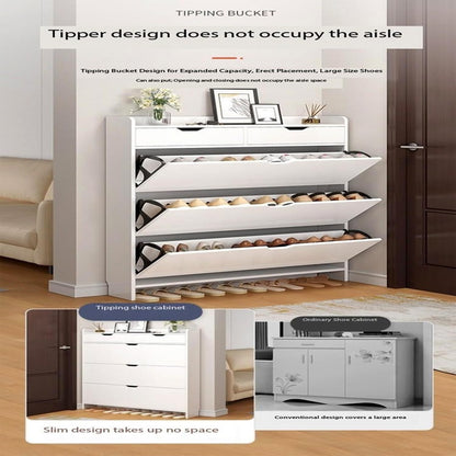 Modern Home slim white shoe storage cabinet with three tipping drawers and top storage for narrow entryways.