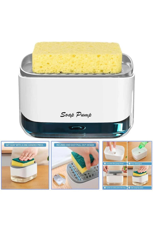 Modern Home 2-in-1 white soap dispenser and sponge holder with a transparent base and yellow sponge for kitchen sinks
