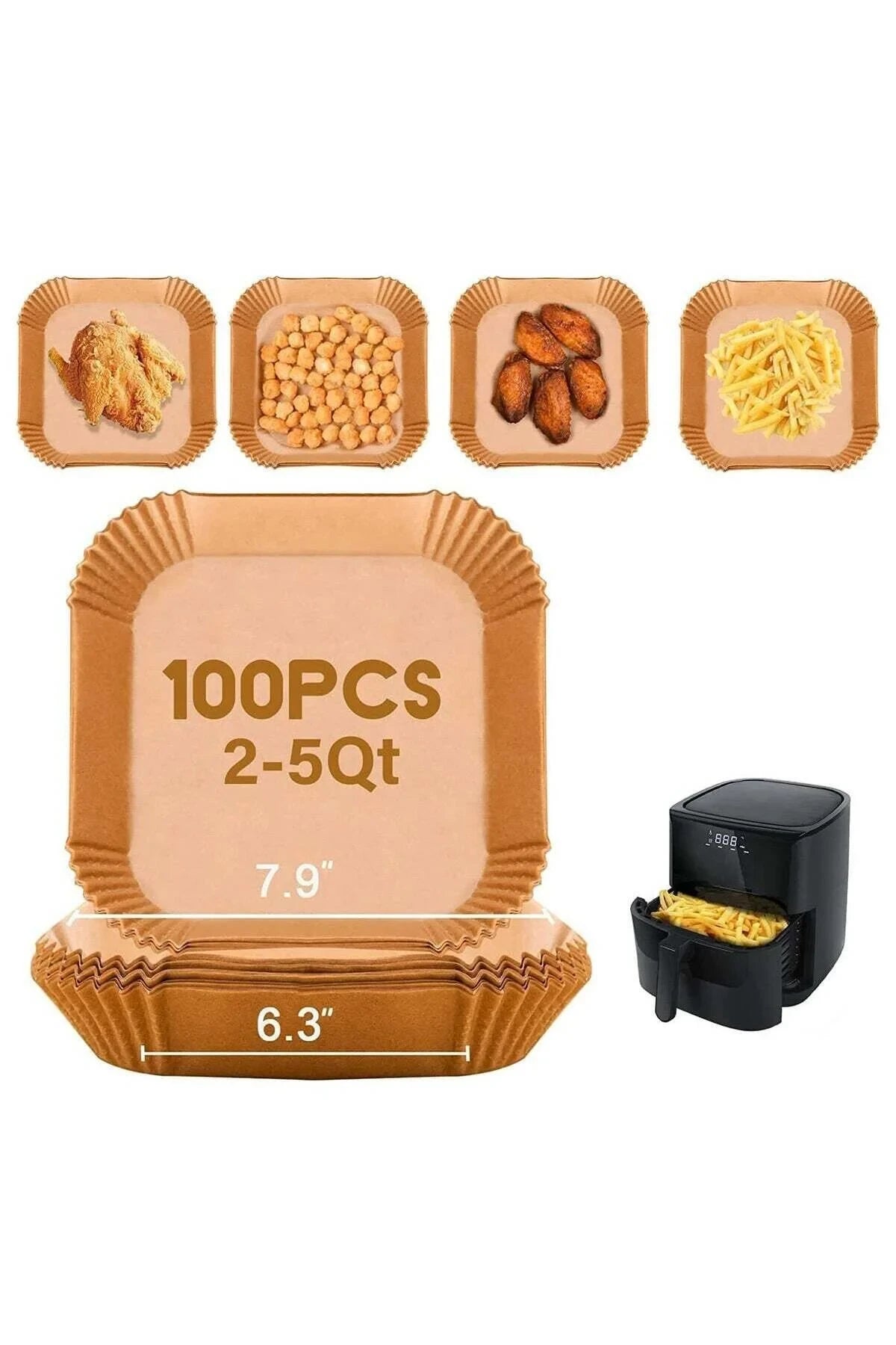 Modern Home square parchment paper liners for air fryers, 100-pack, heat-resistant non-stick bowl-shaped design.