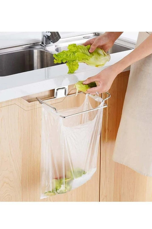 Modern Home stainless steel over-the-cabinet kitchen waste bag holder holding a plastic bag for food scraps