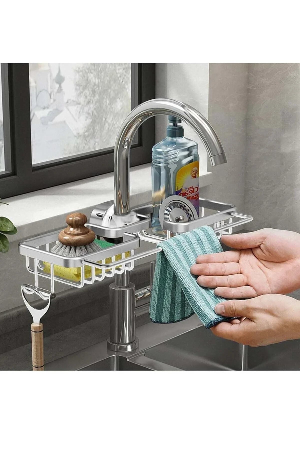 Modern Home stainless steel faucet sponge holder with integrated hooks and basket for kitchen sink organization