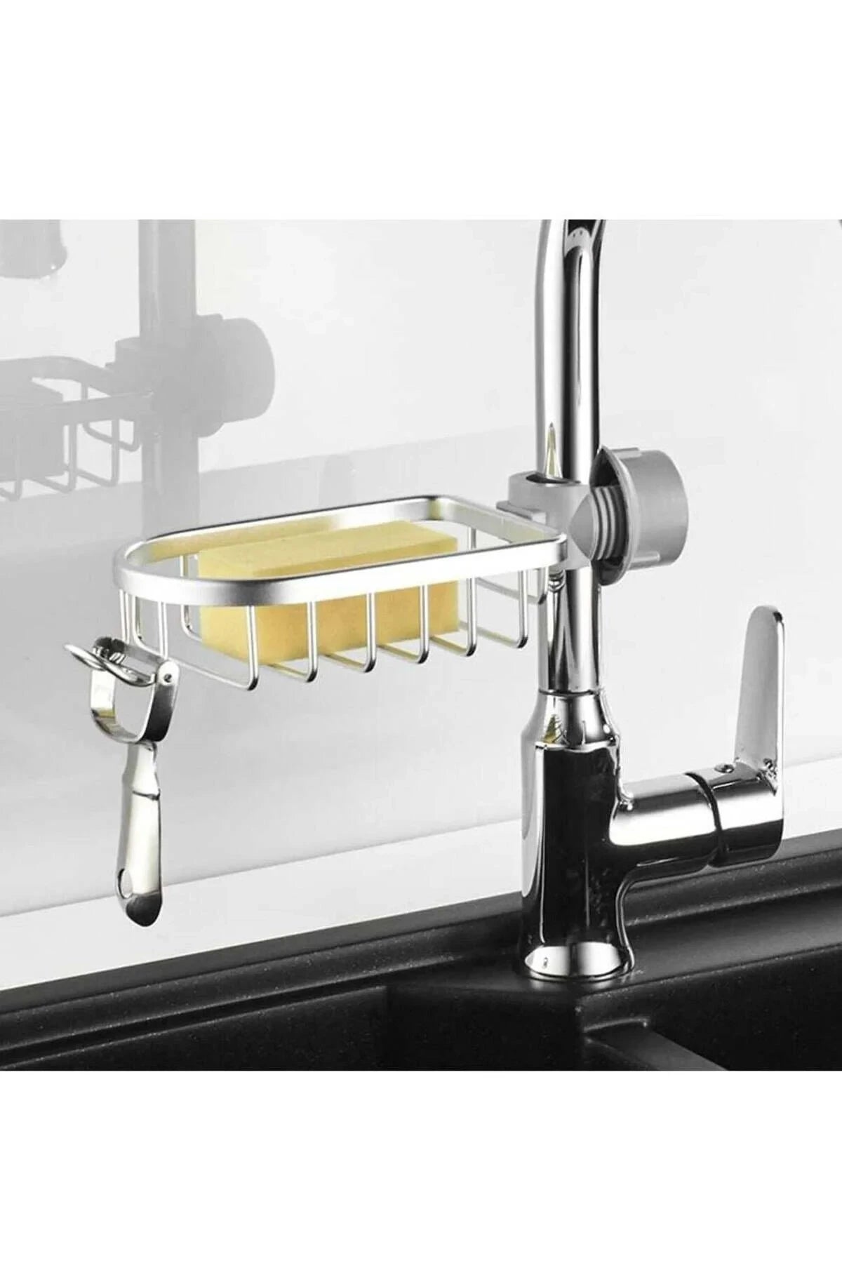 Modern Home stainless steel kitchen faucet sponge holder with a side hook for brushes and a yellow sponge