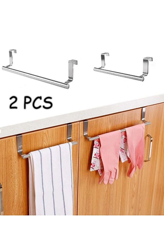 Modern Home stainless steel over-the-cabinet towel bars set of two holding a dish towel and cleaning gloves on wood doors