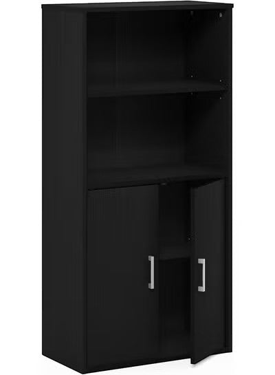 Modern Home tall black storage cabinet with open shelves and a double-door cupboard for versatile home organization.