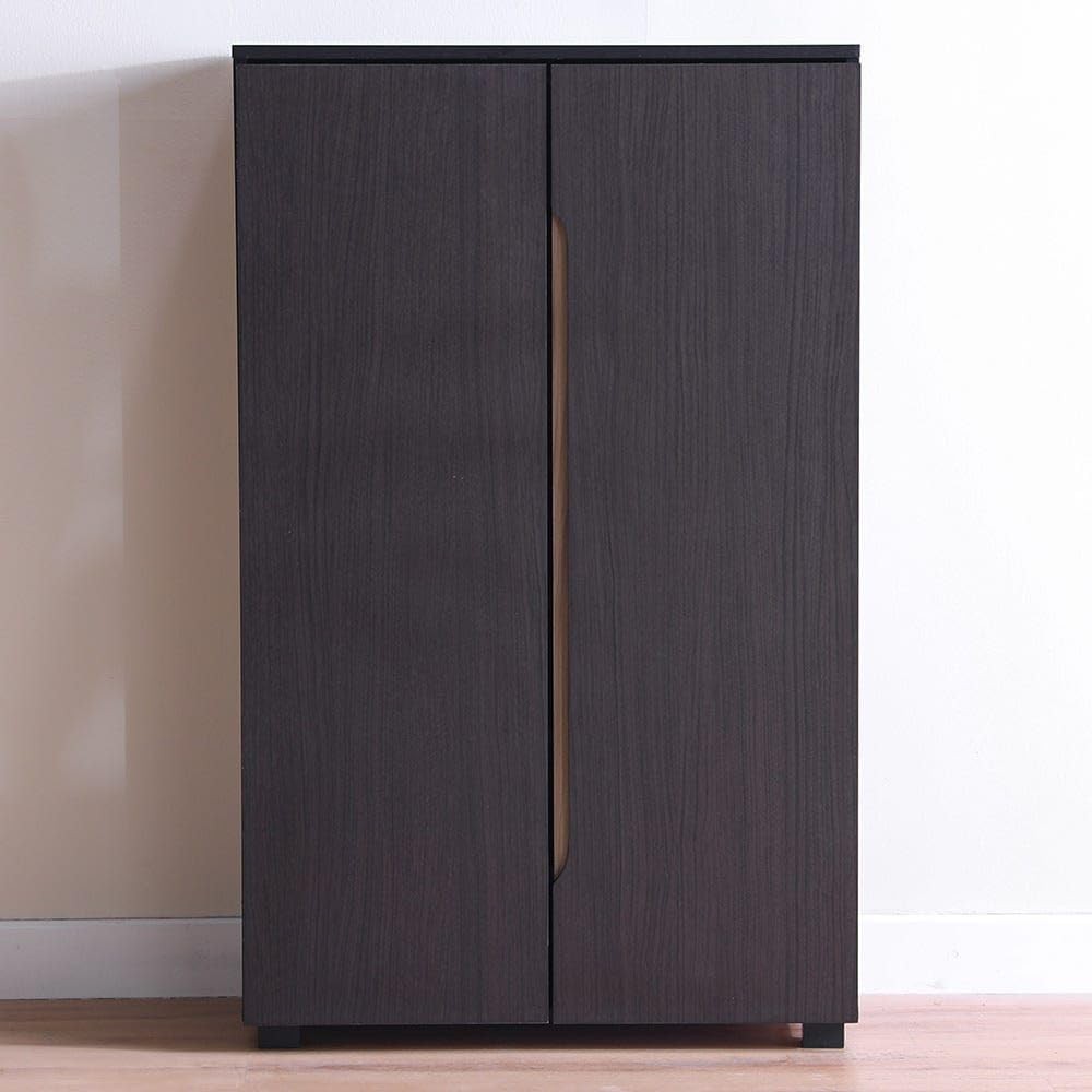 Modern Home tall dark wood storage cabinet with two doors and integrated vertical handles for a minimalist look.