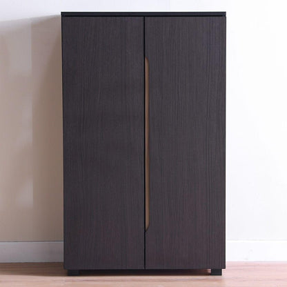 Modern Home tall dark wood storage cabinet with two doors and integrated vertical handles for a minimalist look.