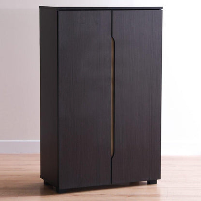Modern Home tall dark wood shoe cabinet with double doors and integrated vertical handles for a minimalist entryway.