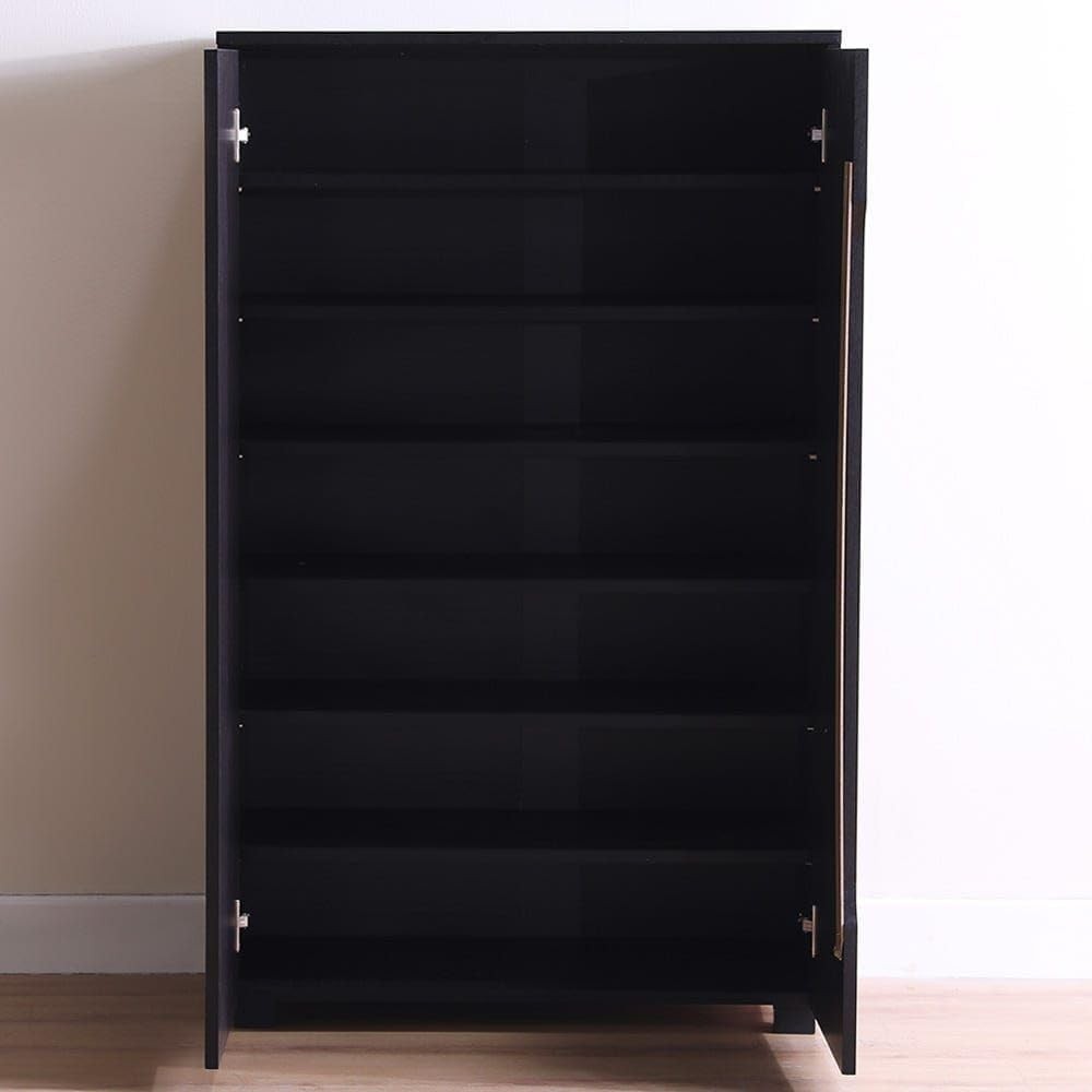 Modern Home tall dark wood shoe cabinet with double doors and multiple interior shelves for organized storage.
