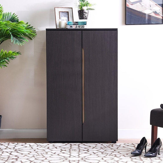 Modern Home tall dark wood shoe cabinet with double doors and integrated vertical handles in a modern living room.