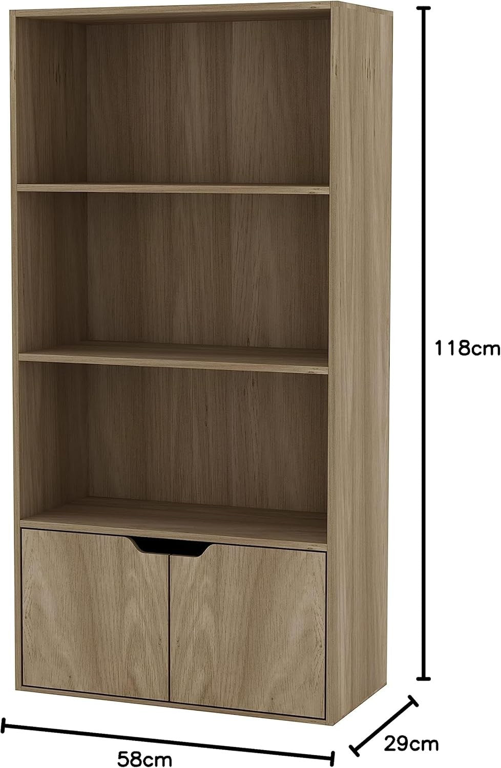 Modern Home tall oak-effect wooden bookcase with three open shelves and a lower cabinet with handle-less doors.