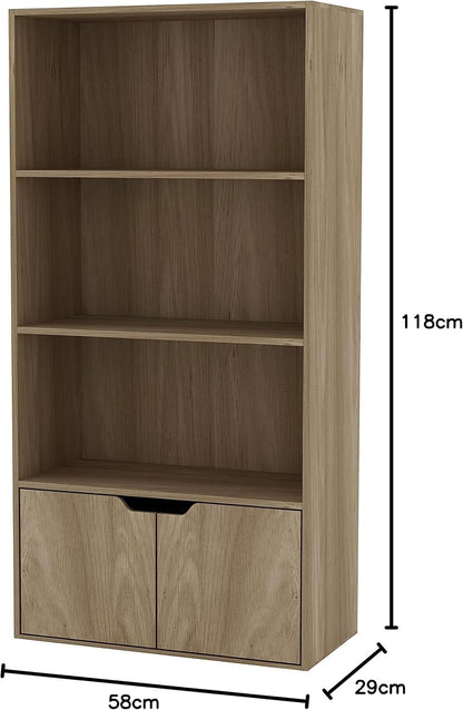Modern Home tall oak-effect wooden bookcase with three open shelves and a lower cabinet with handle-less doors.