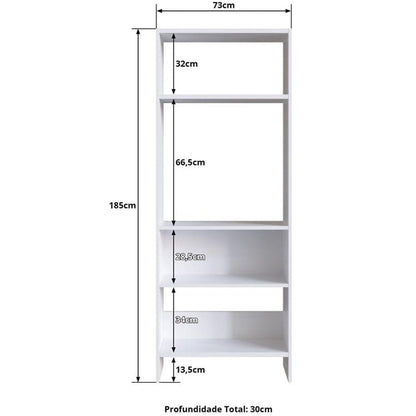 Modern Home tall white bookshelf with open shelving and a central drawer, featuring detailed dimension measurements.
