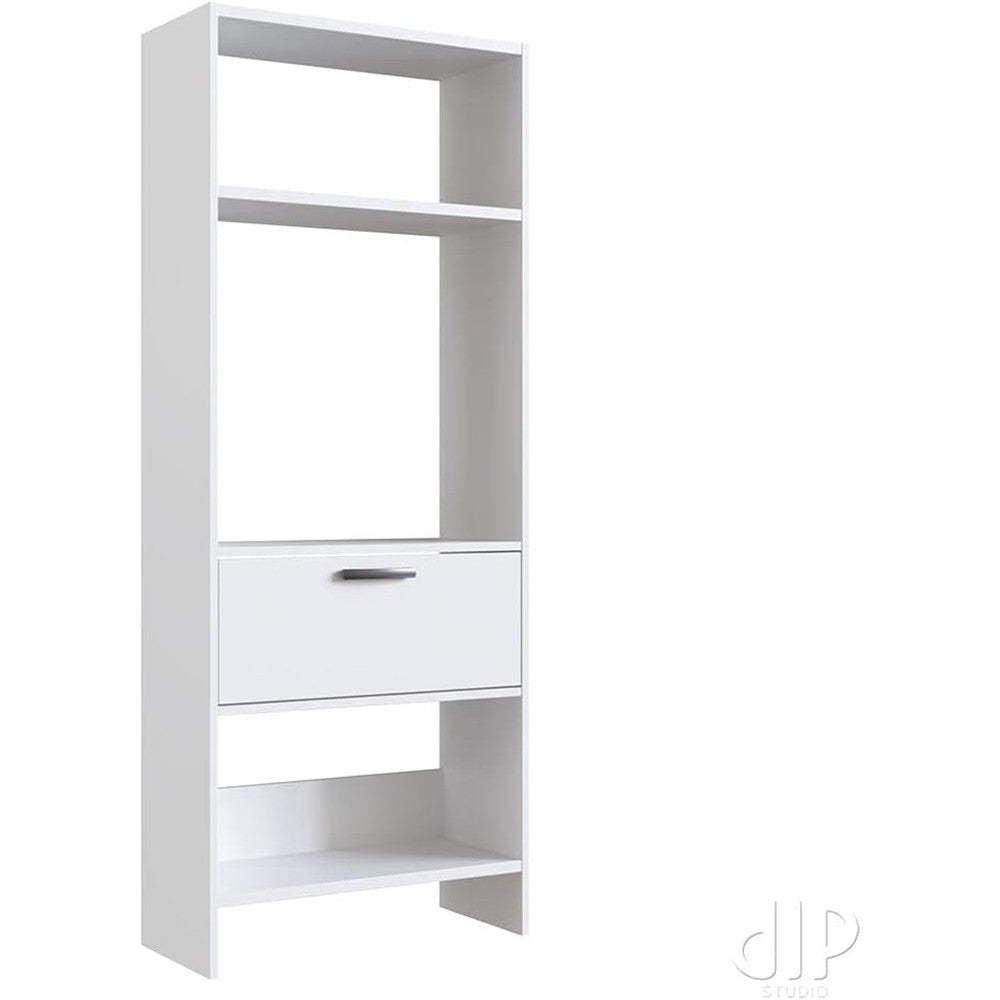 Modern Home tall white bookshelf with open shelving and a central storage drawer in a minimalist design.