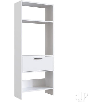 Modern Home tall white bookshelf with open shelving and a central storage drawer in a minimalist design.